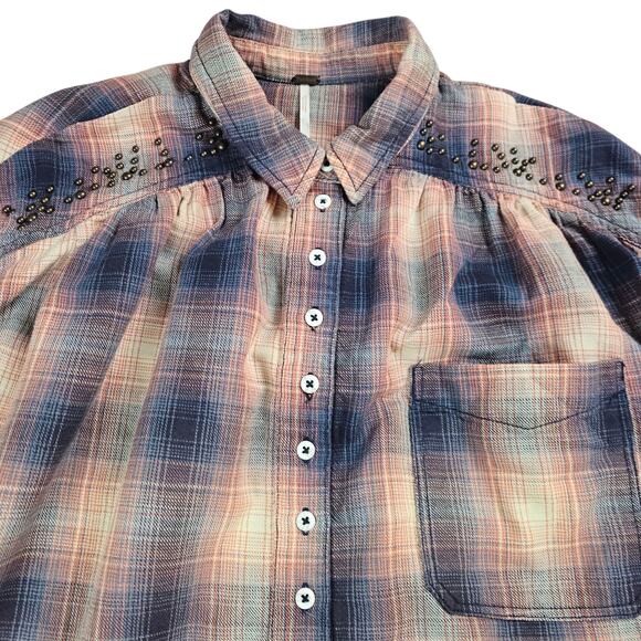 Free People Shirt Womens XS Multicolor Plaid Oversized Casual Studded Button Up - Picture 3 of 15